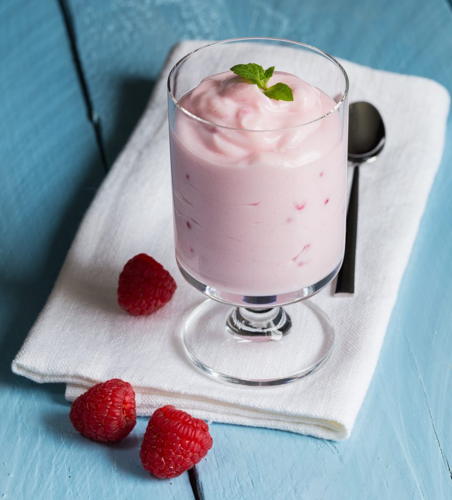 Raspberry cream dessert with mint.